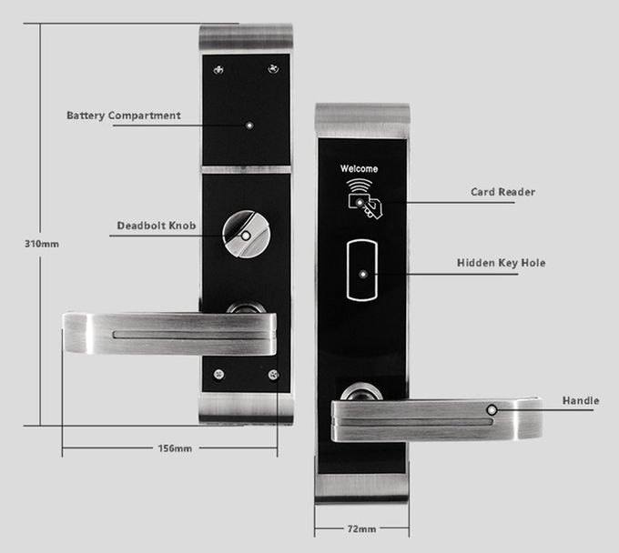 Serrures de porte en alliage de zinc d'hôtel de Rfid avec la clé mécanique de carte d'IC 310 * 72mm 0